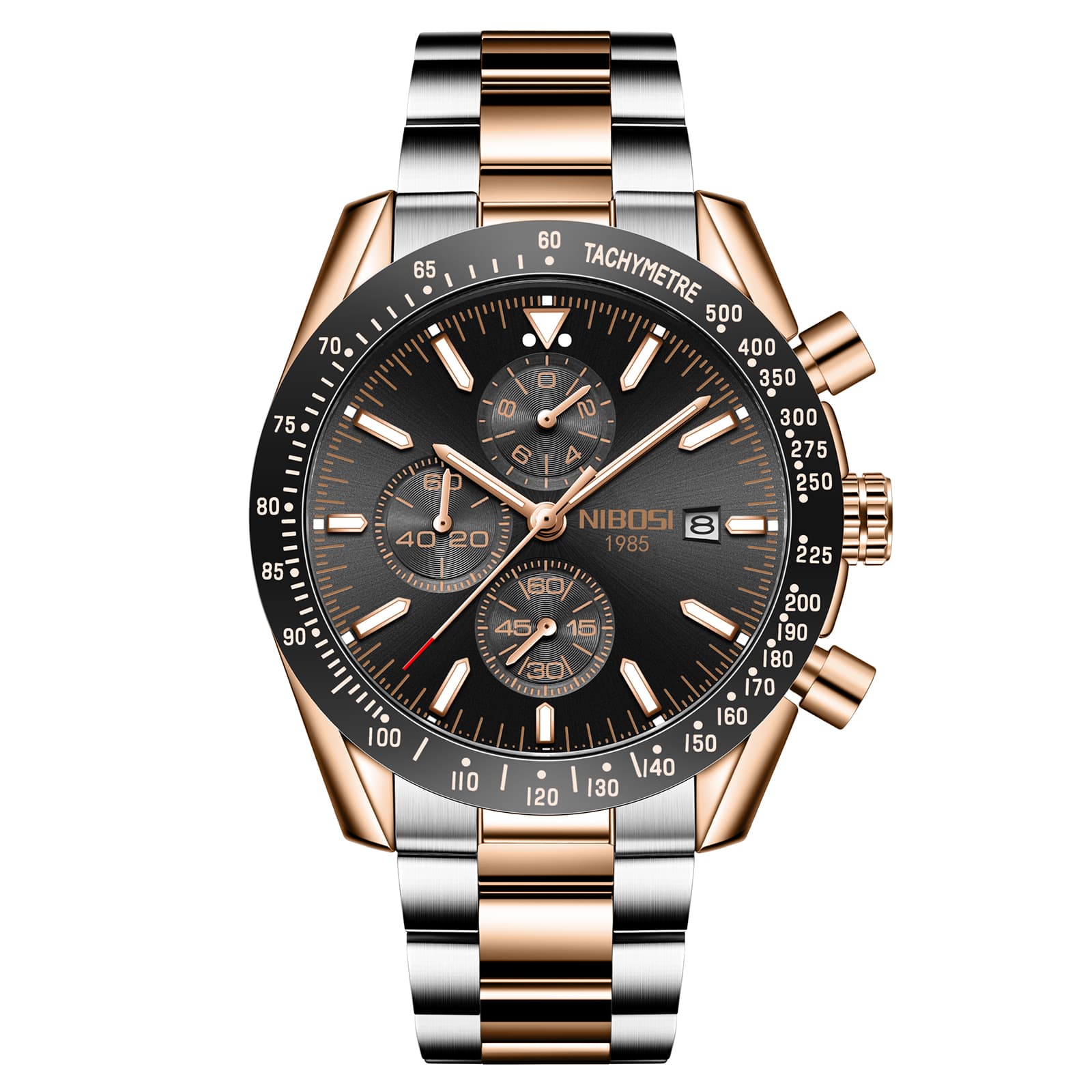 Nibosi Nibosi Trackmaster Rose Gold Silver Black Steel