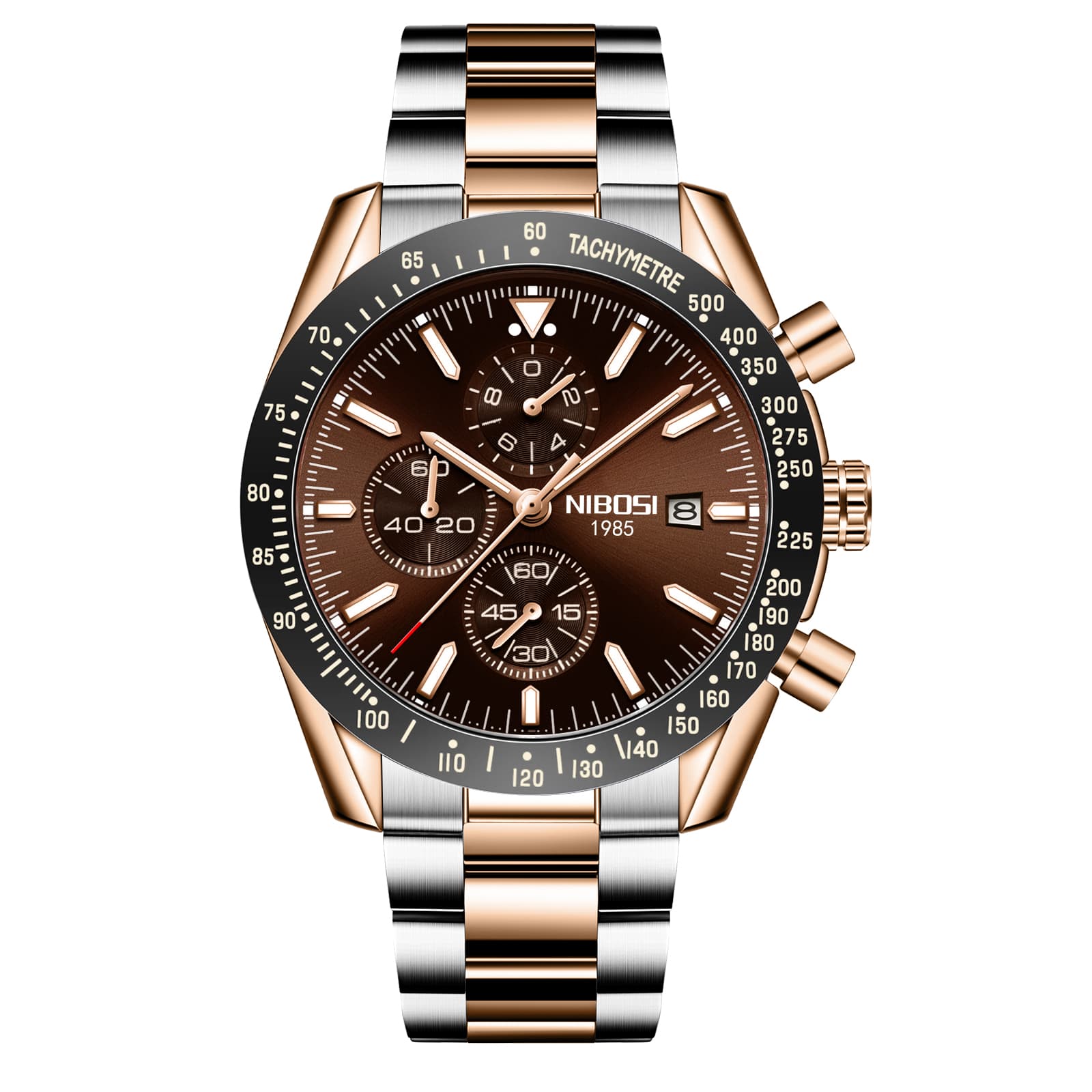 Nibosi Nibosi Trackmaster Rose Gold Silver Brown Steel