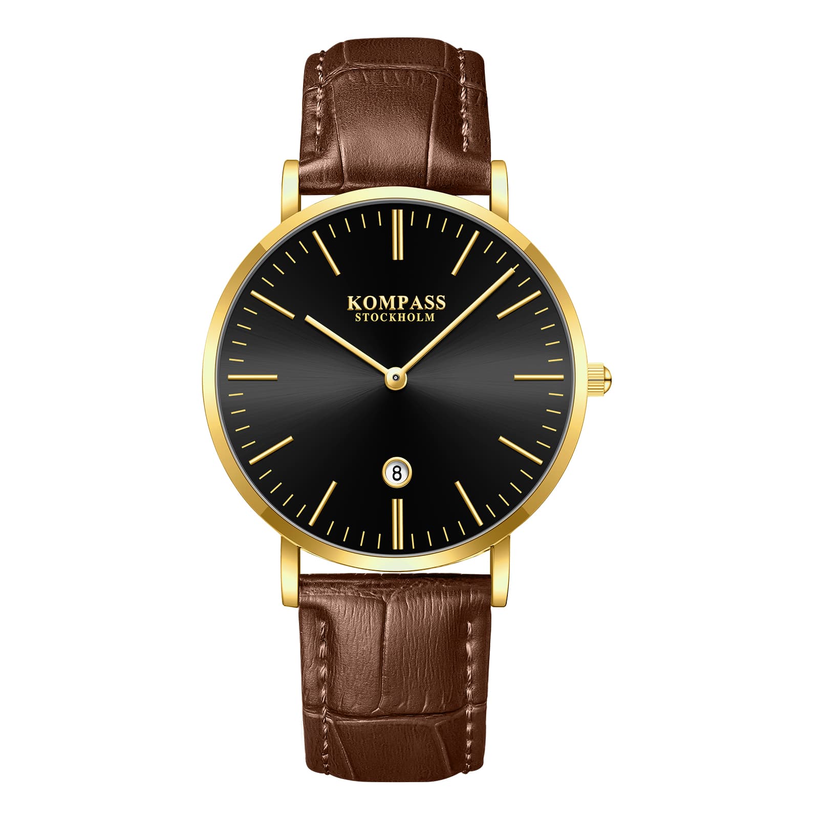 Kompass Stockholm Kompass Nautilus Gold Black Dial Brown Strap