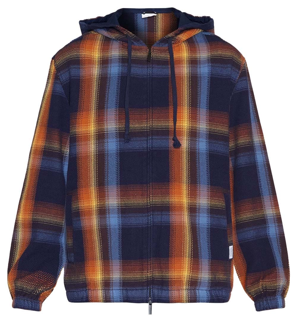 Knowledge Cotton Apparel Men's Checked Hoodie Twill Zipper Jacket Blue Check