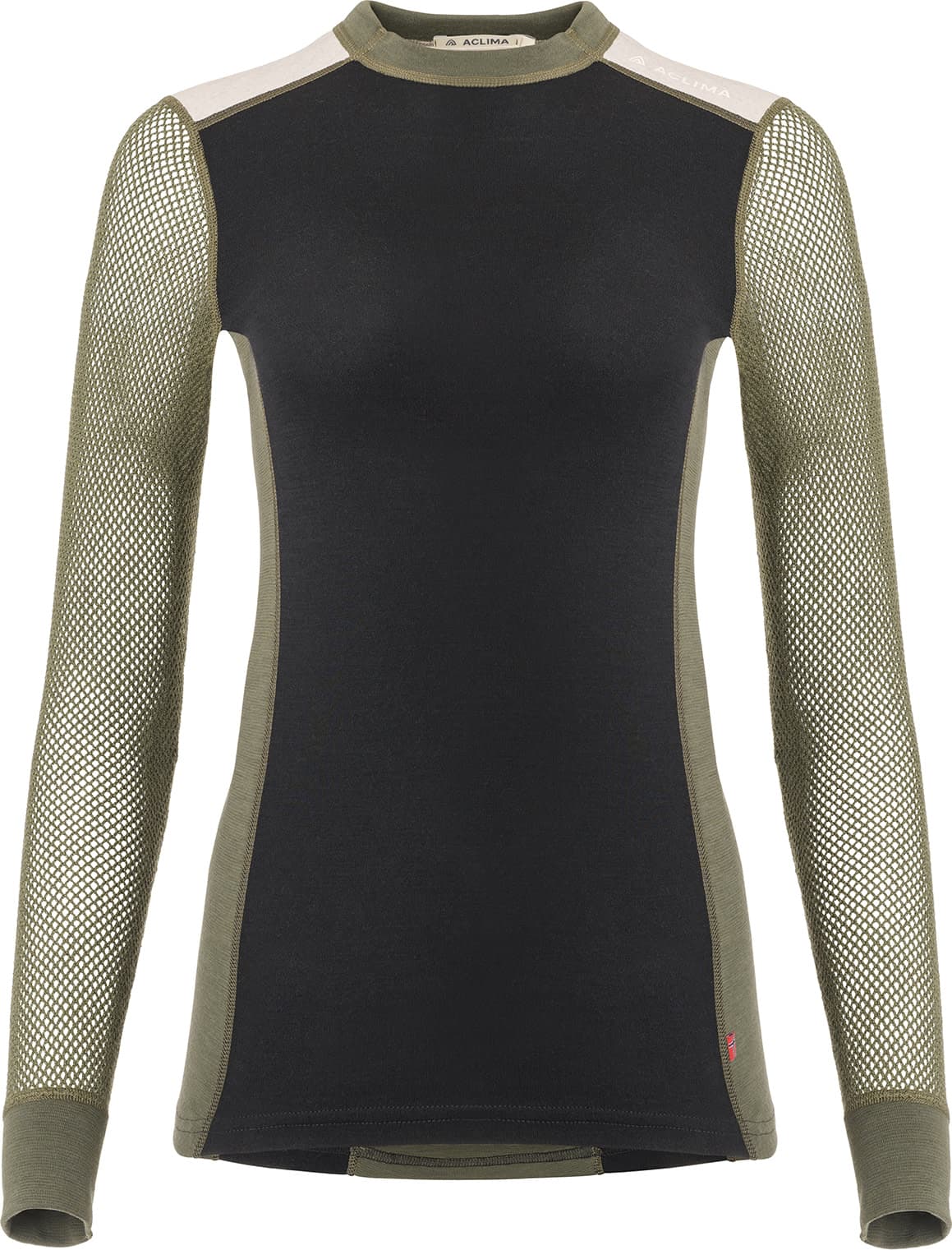 Aclima Aclima Women's WoolNet Hybrid Crew Neck Jet Black/Olive Night/Beige Melange